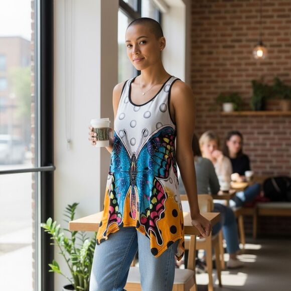 EUC CR Women’s Colorful Studded Butterfly Tank Top Shark Hem Line - Size XL - Picture 1 of 9